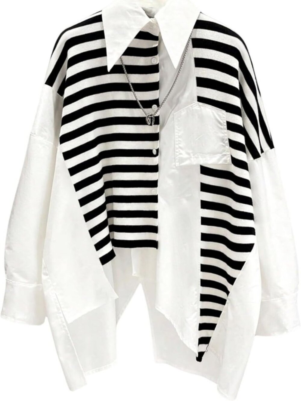 Plus Size Striped Asymmetrical Long Sleeve Button Down Blouse - Casual Chic Top